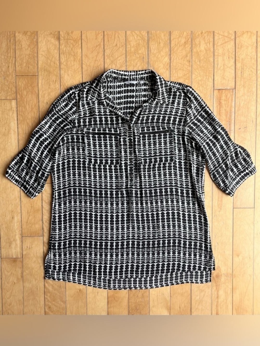 Reitmans Black & White Geometric Print Tunic 3/4 Sleeve Blouse Size 16